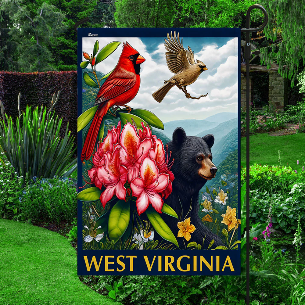 West Virginia  Cardinal and Rhododendron Flower and Black Bear Flag