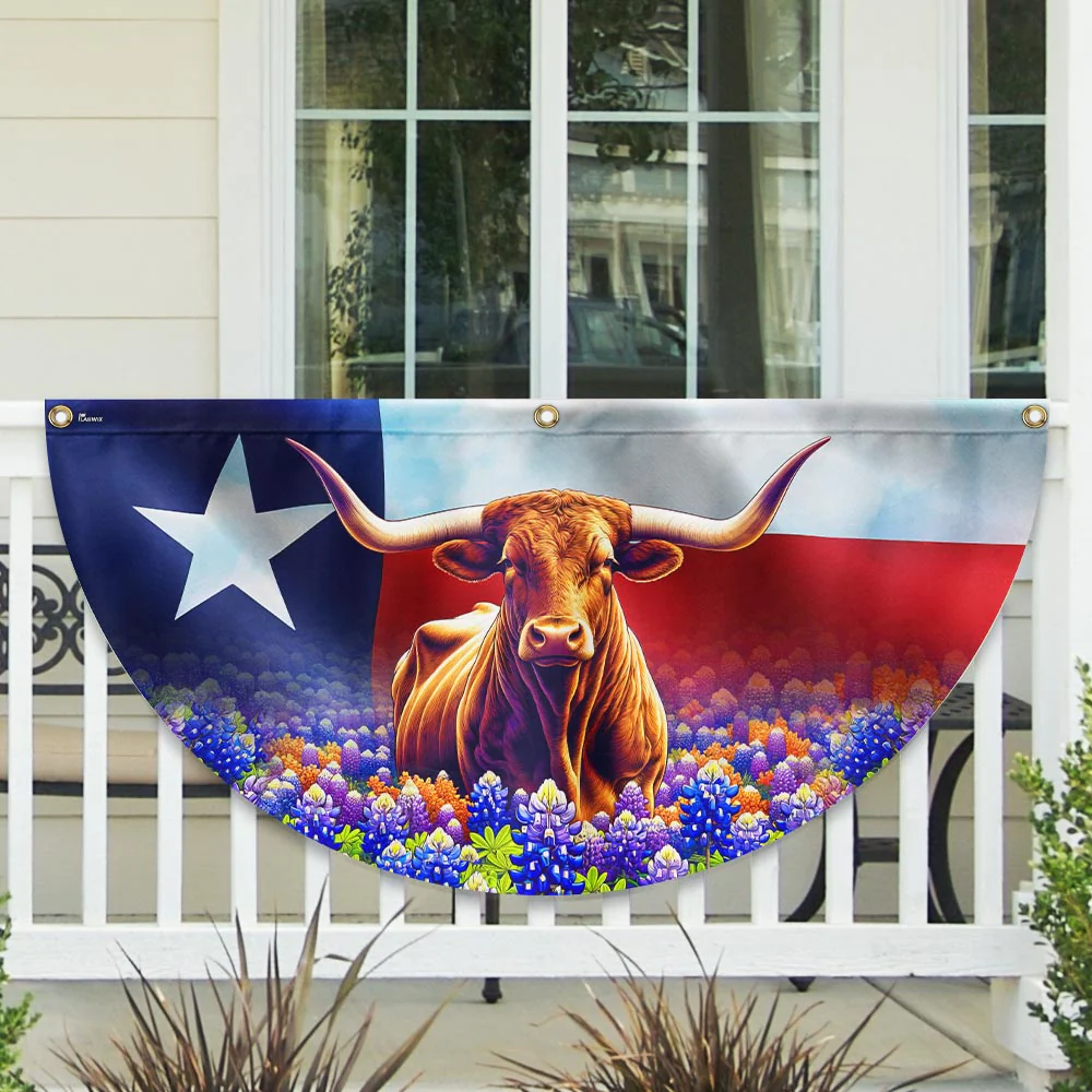 Texas Longhorn Cattle  Bluebonnet Non-Pleated Fan Flag