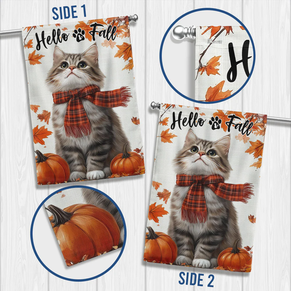 Hello Fall Cat Flag - Cute Thanksgiving Cat Garden Flag for Fall Outdoor Decor