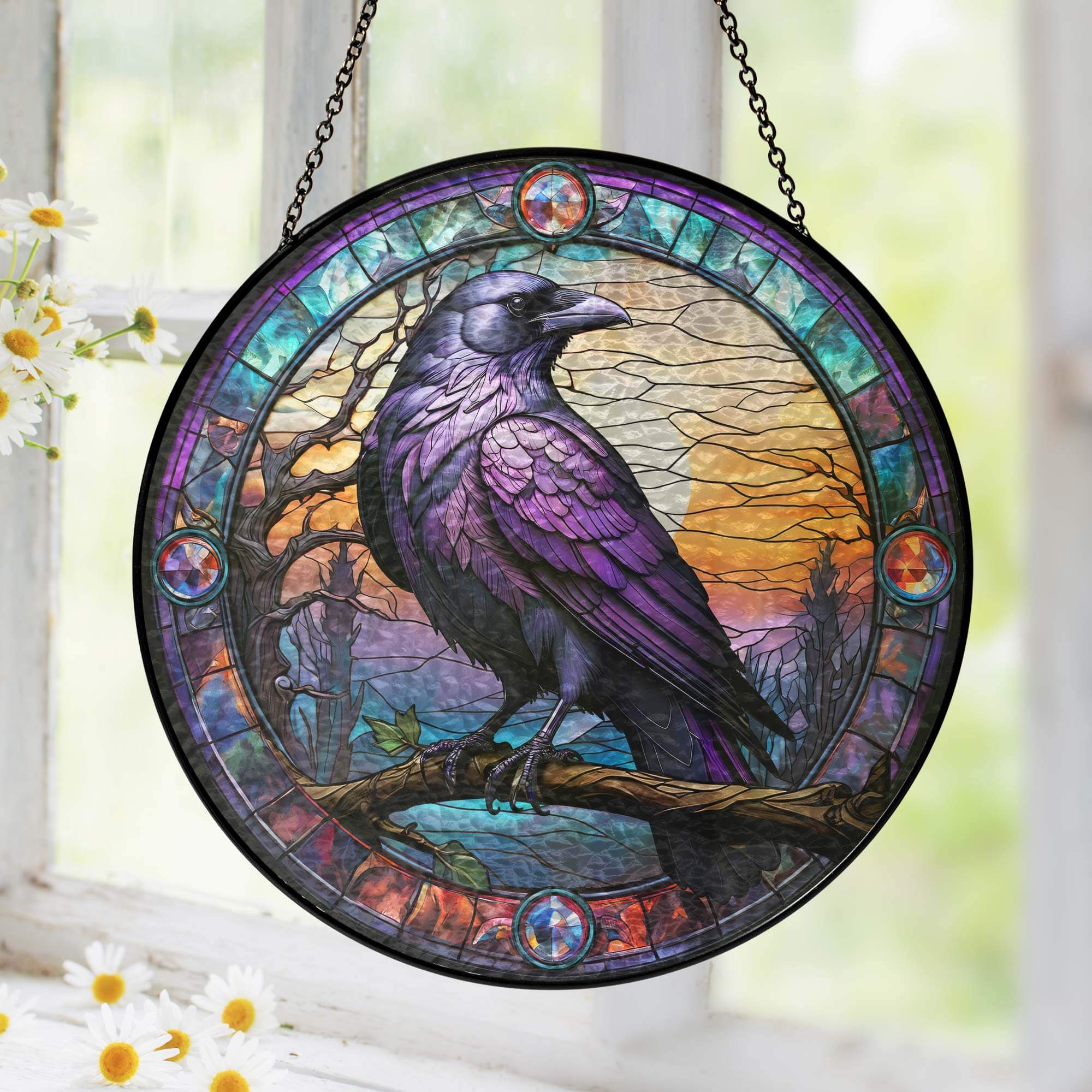 Raven Stained Glass Gothic Crow Stained Glass Suncatcher 3-Day Shipping