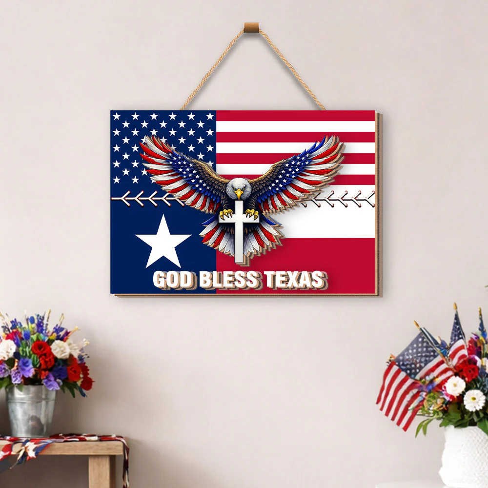 God Bless Texas Custom Wooden Signs, Patriotic Eagle USA Decor