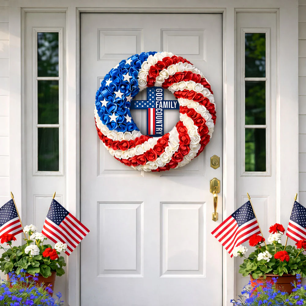 Patriotic Christian Cross Front Door Wreath for 250 Years of America Decor