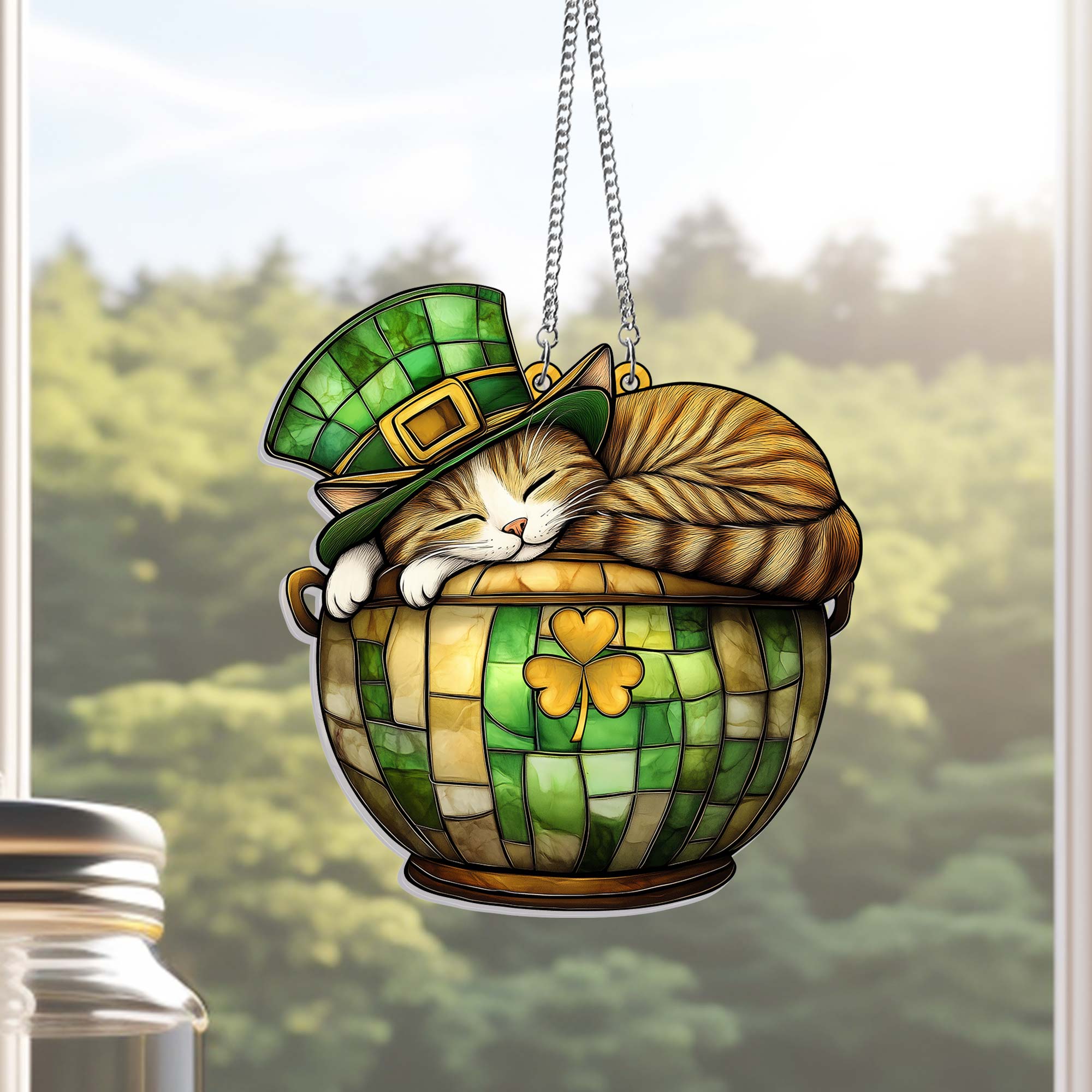 St. Patrick's Day Cat in Lucky Clover Pot Suncatcher Acrylic Hanging Sign
