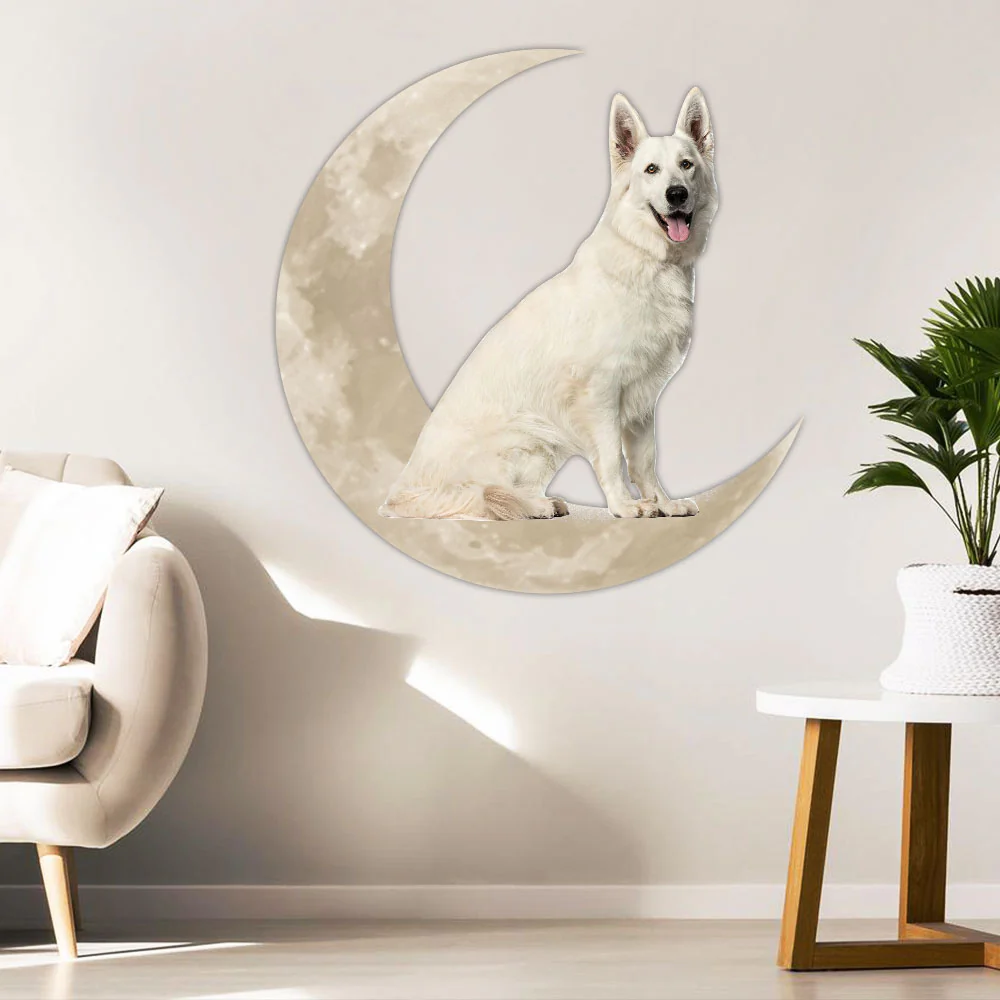 White German Shepherd On The Moon hanging Metal Sign