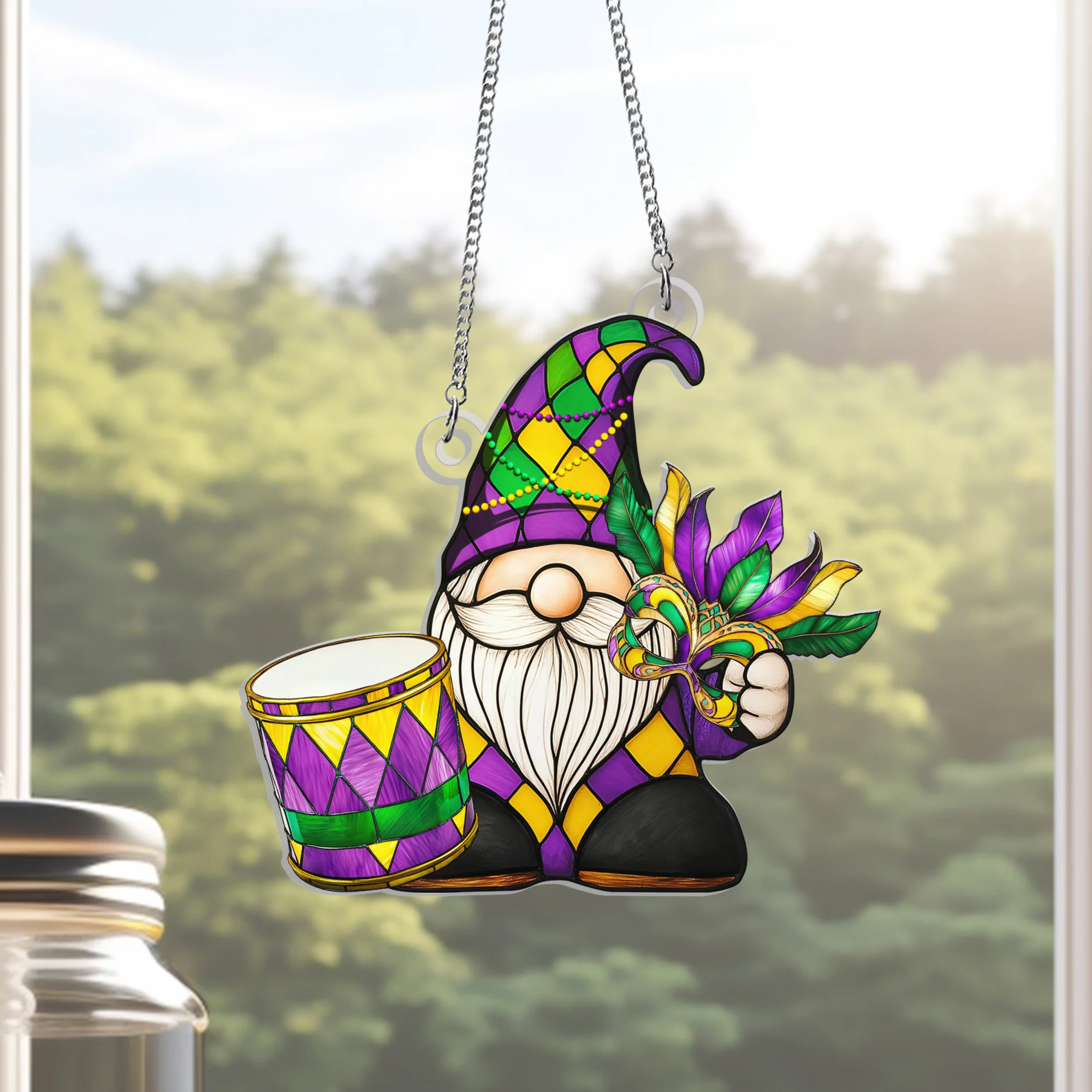 Mardi Gras Gnome Suncatcher, Fat Tuesday Carnival Parade Acrylic Hanging Sign