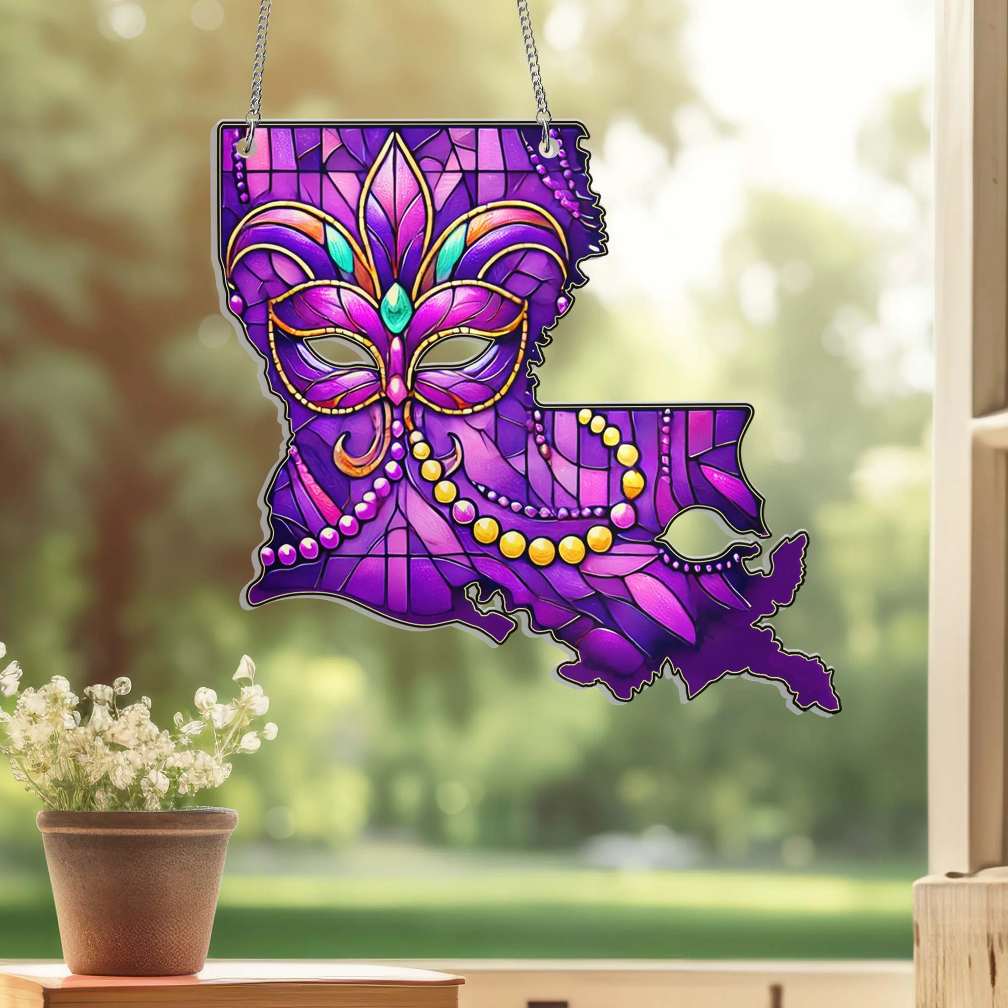 Louisiana Map Mardi Gras Suncatcher Acrylic Hanging Sign