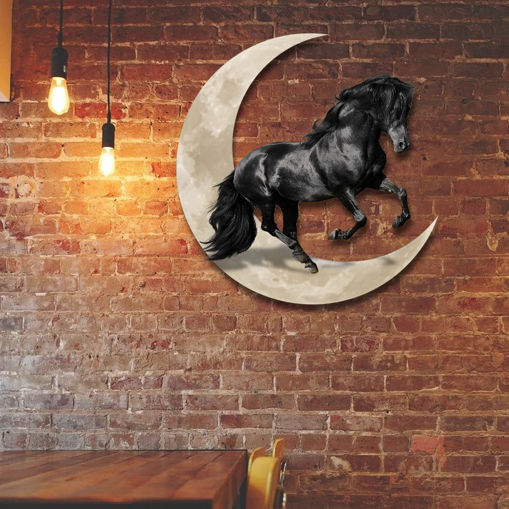 Friesian Horse And Moon Hanging Metal Sign