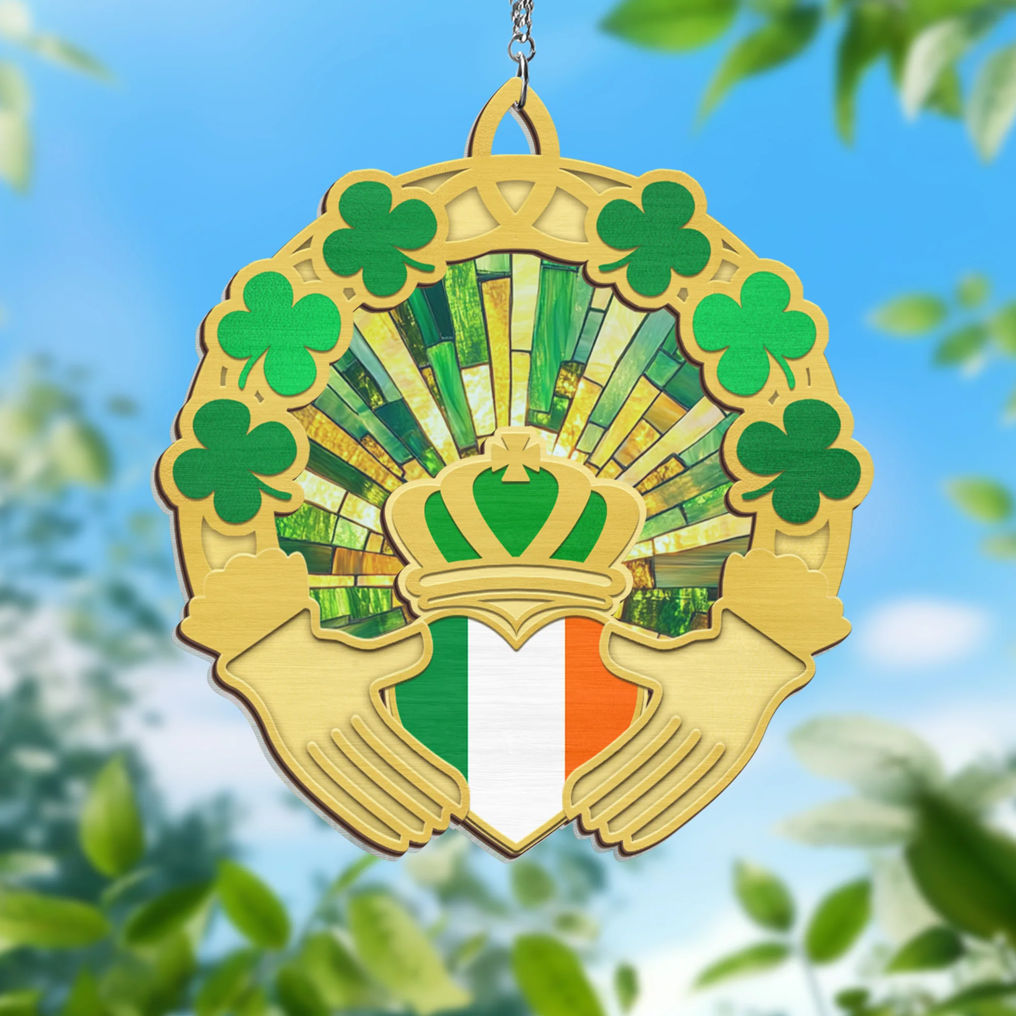 Claddagh Ring Irish Shamrock 2 Layered Hanging Suncatcher