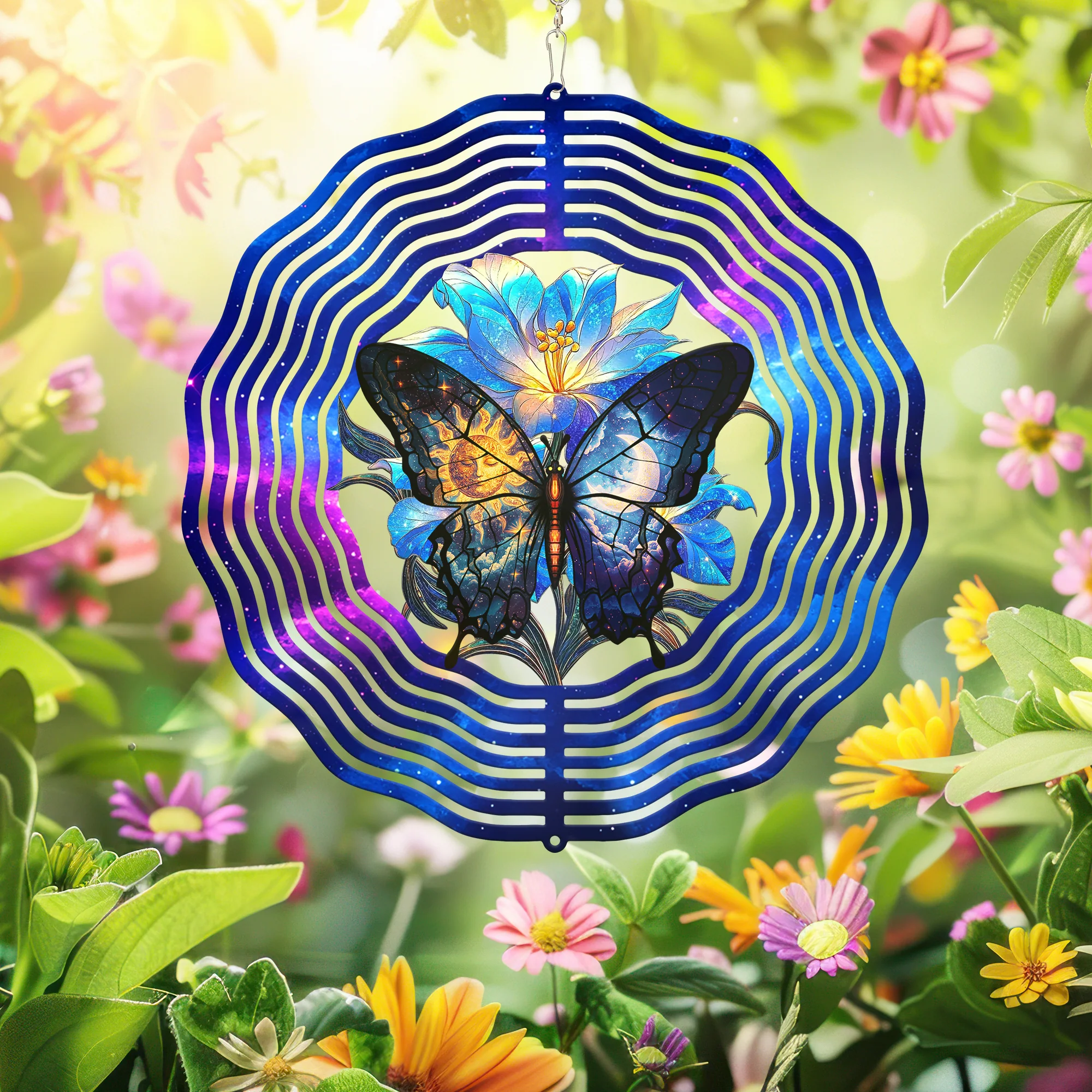 Celestial Butterfly and Blue Lily Flower Wind Spinner