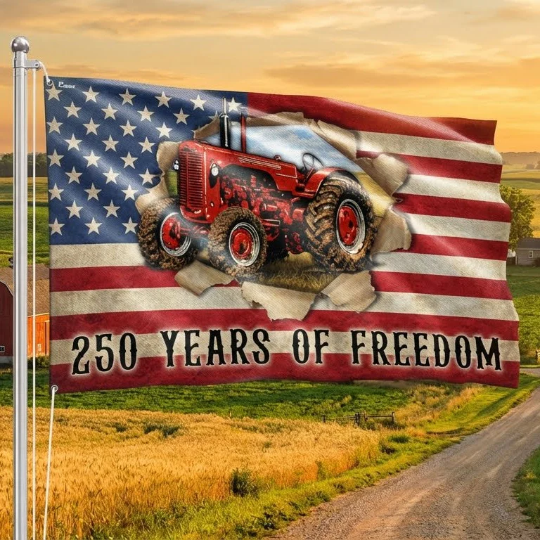 Tractor Farmer Flag, 250 Years of Freedom Red Tractor Grommet Flag