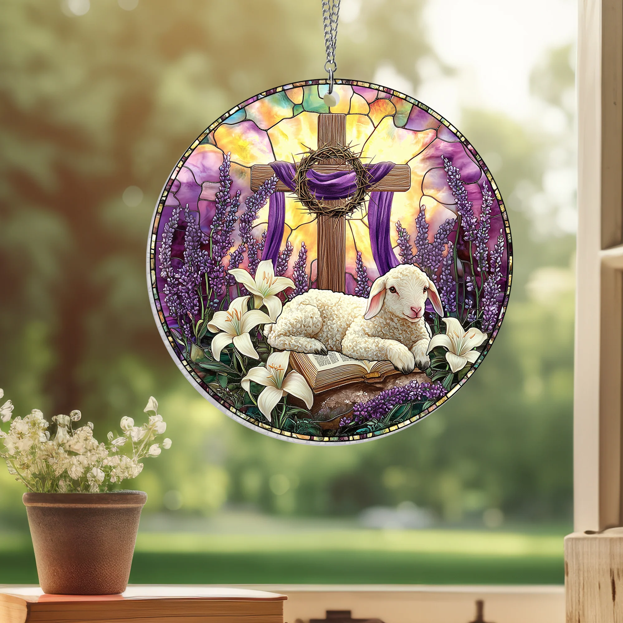 Easter Christian Cross Lamb Acrylic Suncatcher Window Hanging