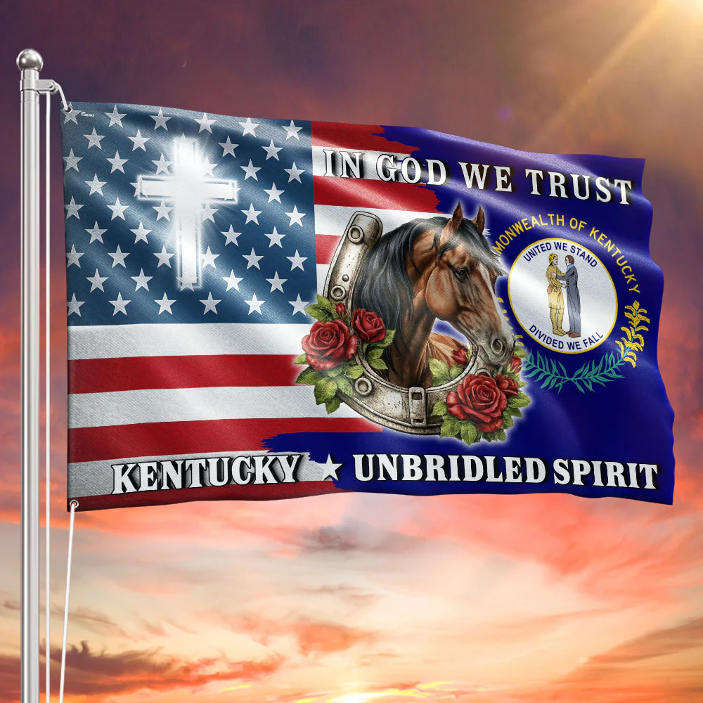 America 250 KY God We Trust Flag, Kentucky Unbridled Spirit Patriot Decor