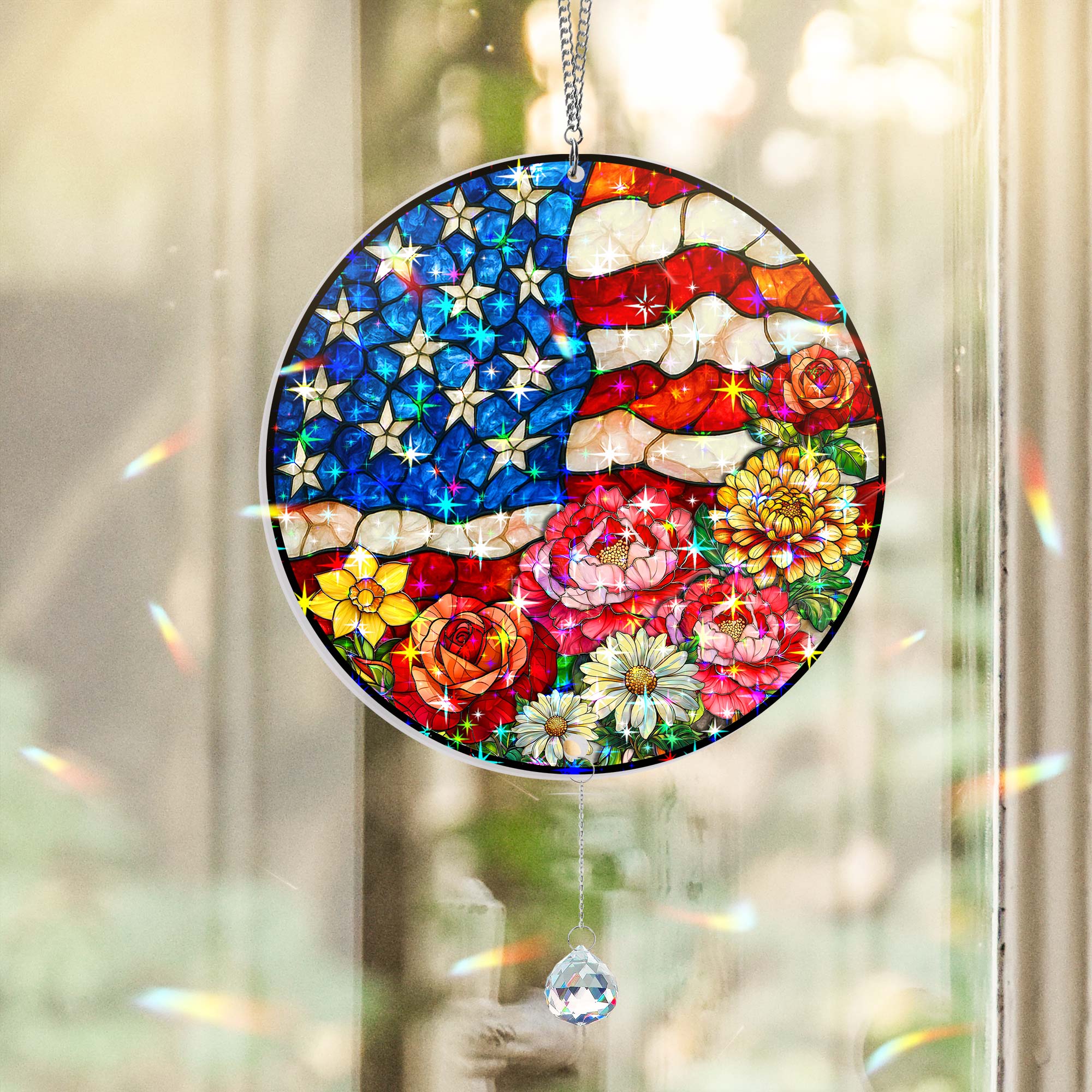 American Flag Flower Hologram Window Hanging