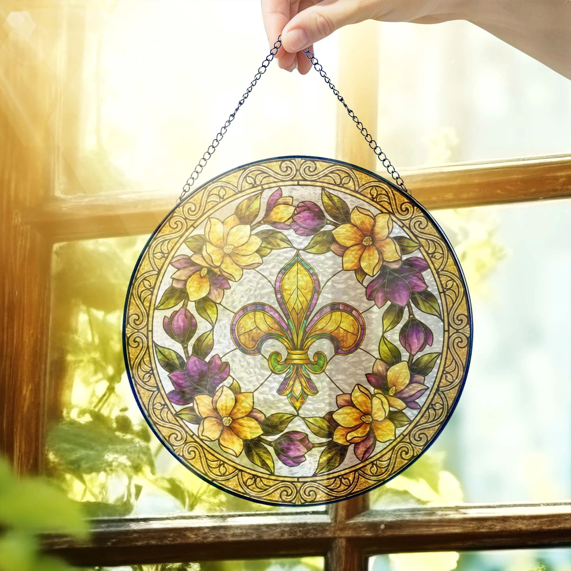 Mardi Gras Fleur de Lis Stained Glass Suncatcher, Louisiana Window Hanging