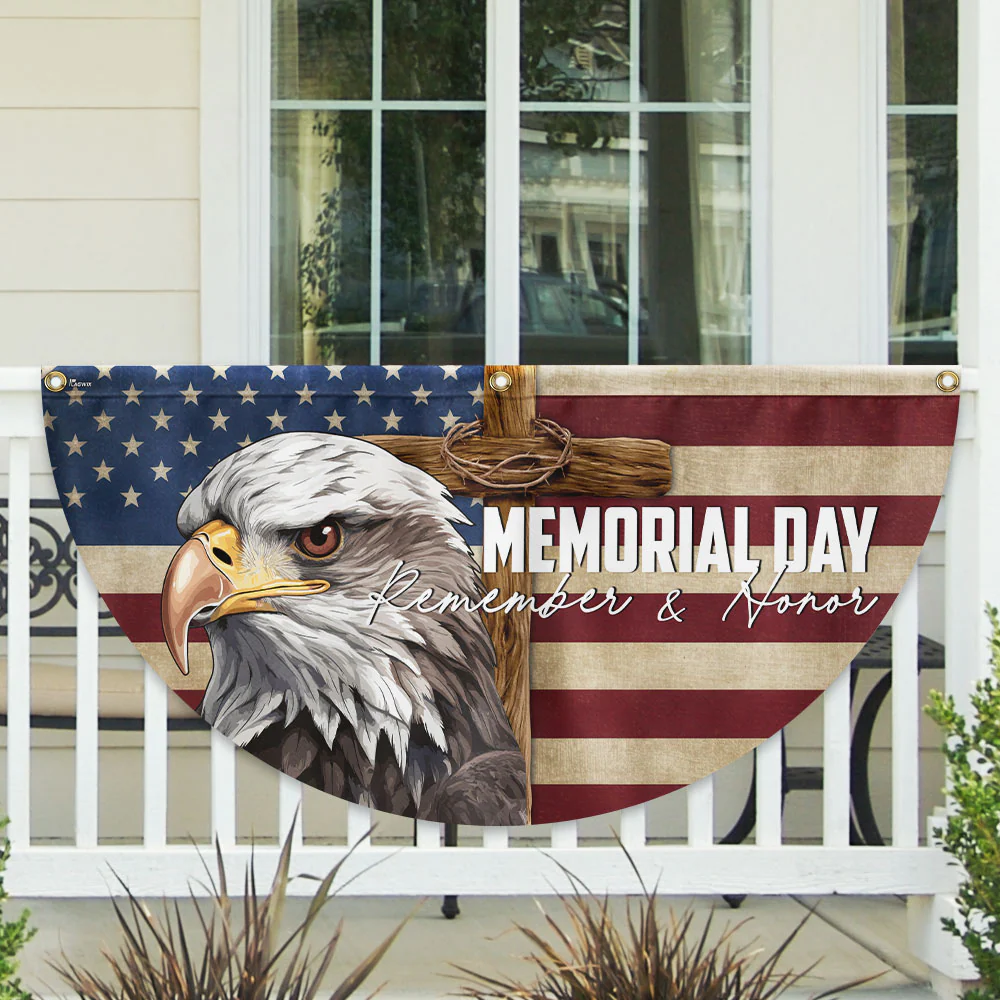 Memorial Day Eagle Christian Cross Remember & Honor Non-Pleated Fan Flag