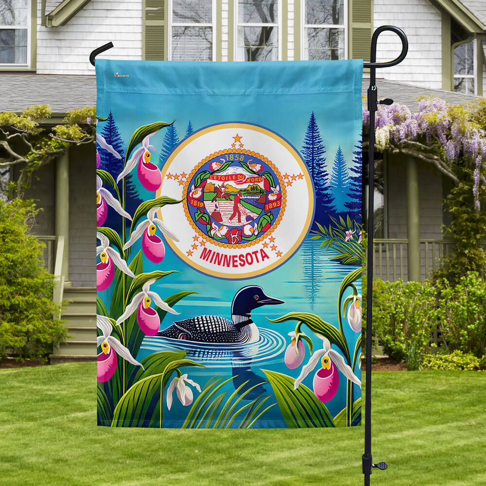 Minnesota State Lady’s Slipper Flower and Loon Minnesota Flag