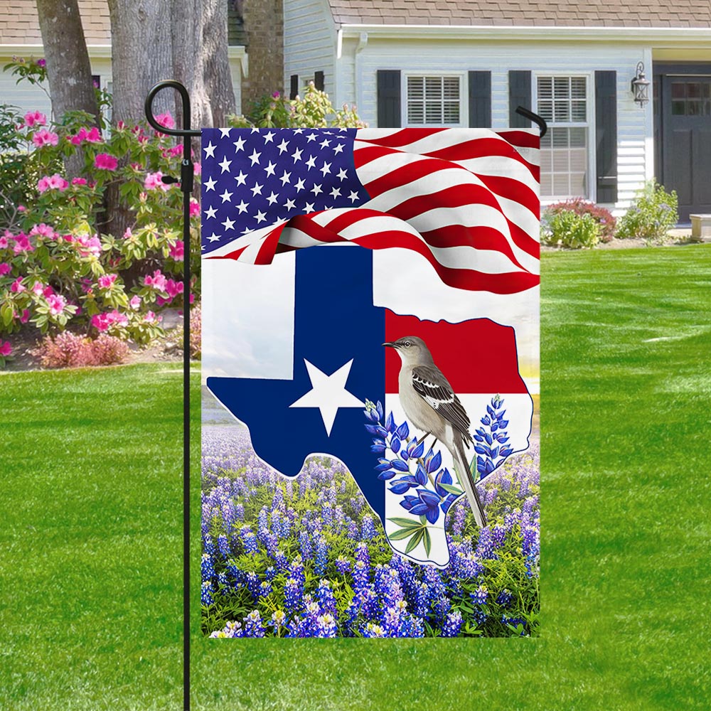 Texas  Bluebonnets With Longhorn and Mockingbird Texas Flag
