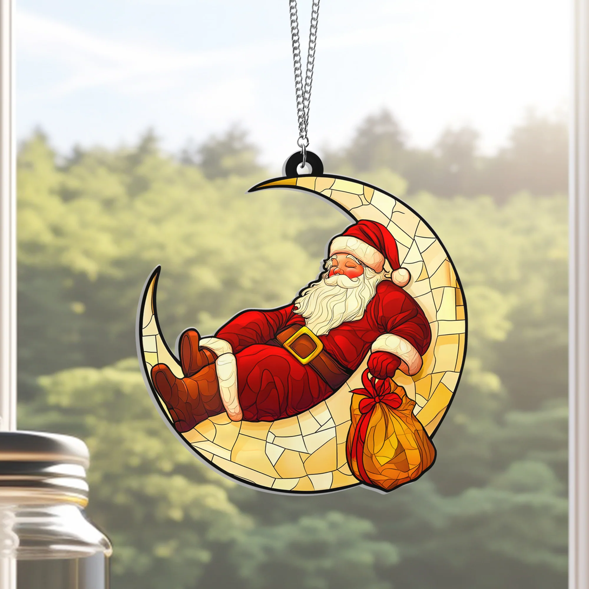 Santa Claus Sitting On Crescent Moon Suncatcher Acrylic Hanging