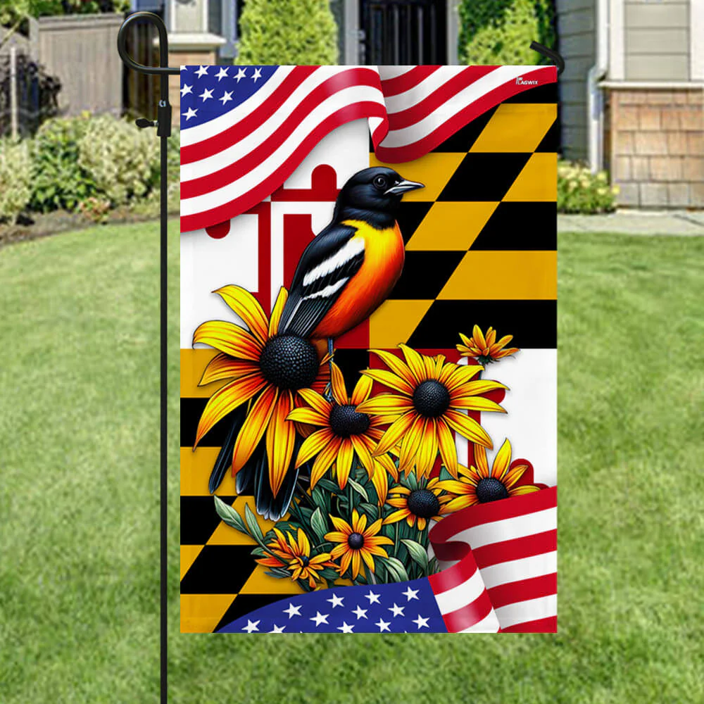 Maryland Spring Baltimore Oriole Bird and Black-eyed Susan Flower Maryland American Flag