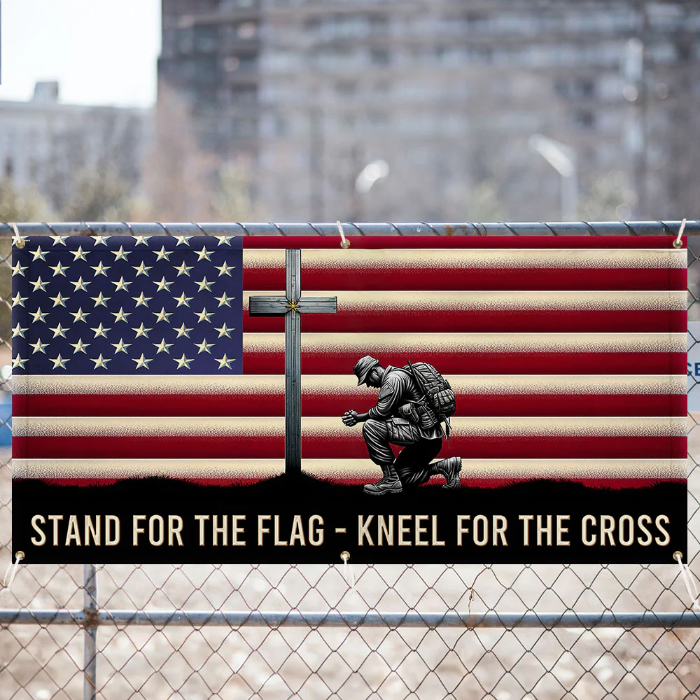 Veterans Day Flag, Veteran Kneeling Christ Cross American Fence Banner