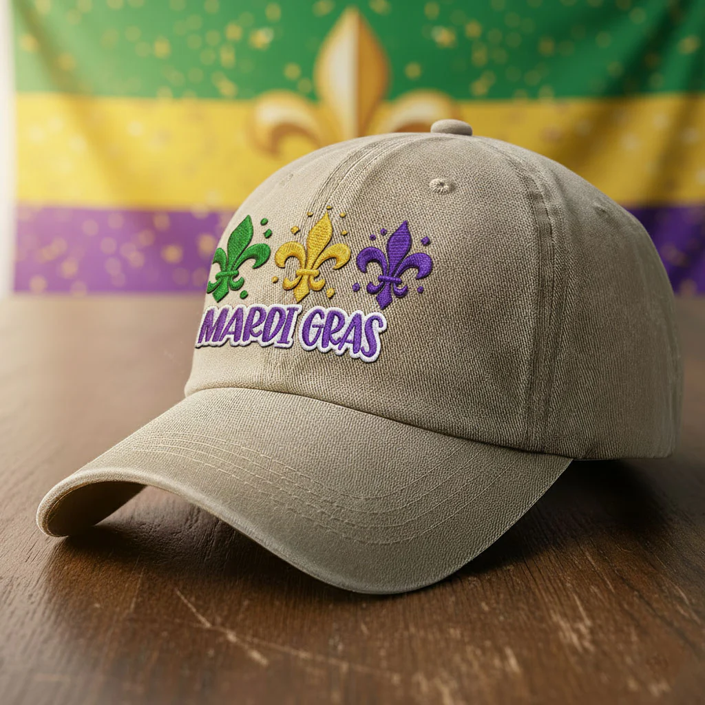 Happy Mardi Gras Washed Cap, Mardi Gras Fleur De Lis Embroidered Cap