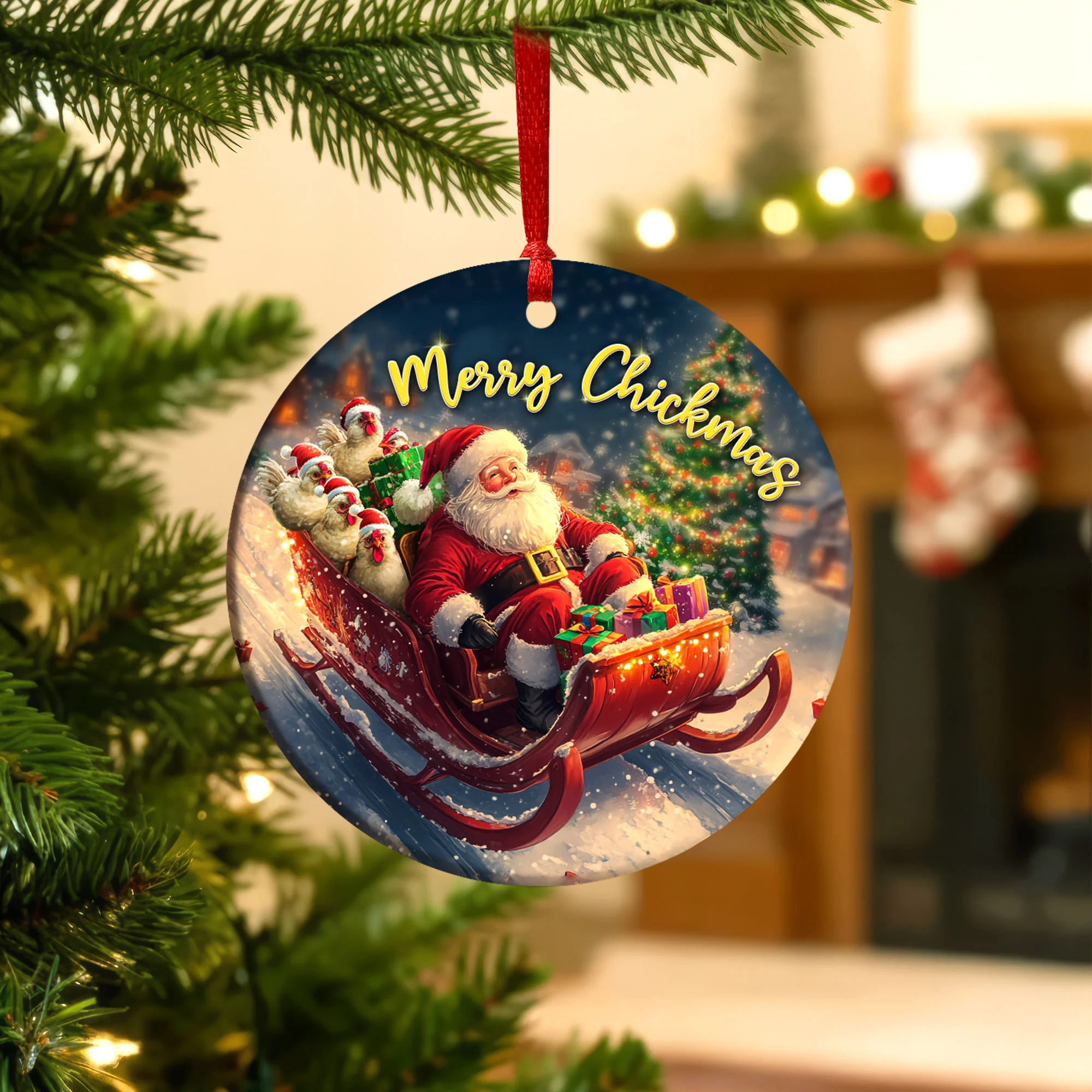 Merry Chickmas Ceramic Ornament, Chicken Santa Sleigh Holiday Tree Farm Decor
