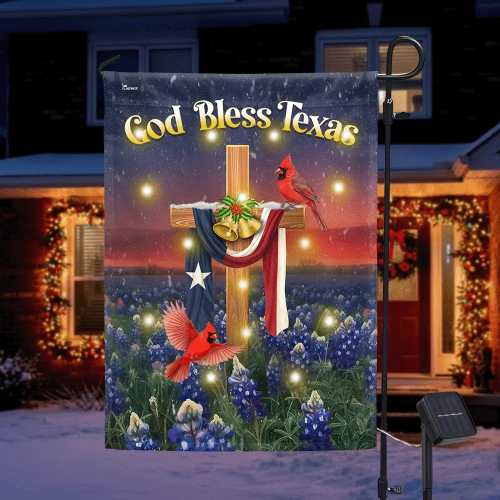 God Bless Texas Flag | Texas Bluebonnets with Cardinal LED Garden Flag