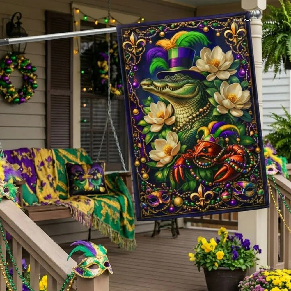 Mardi Gras Flag, Louisiana Magnolia Alligator and Crawfish Outdoor Decor
