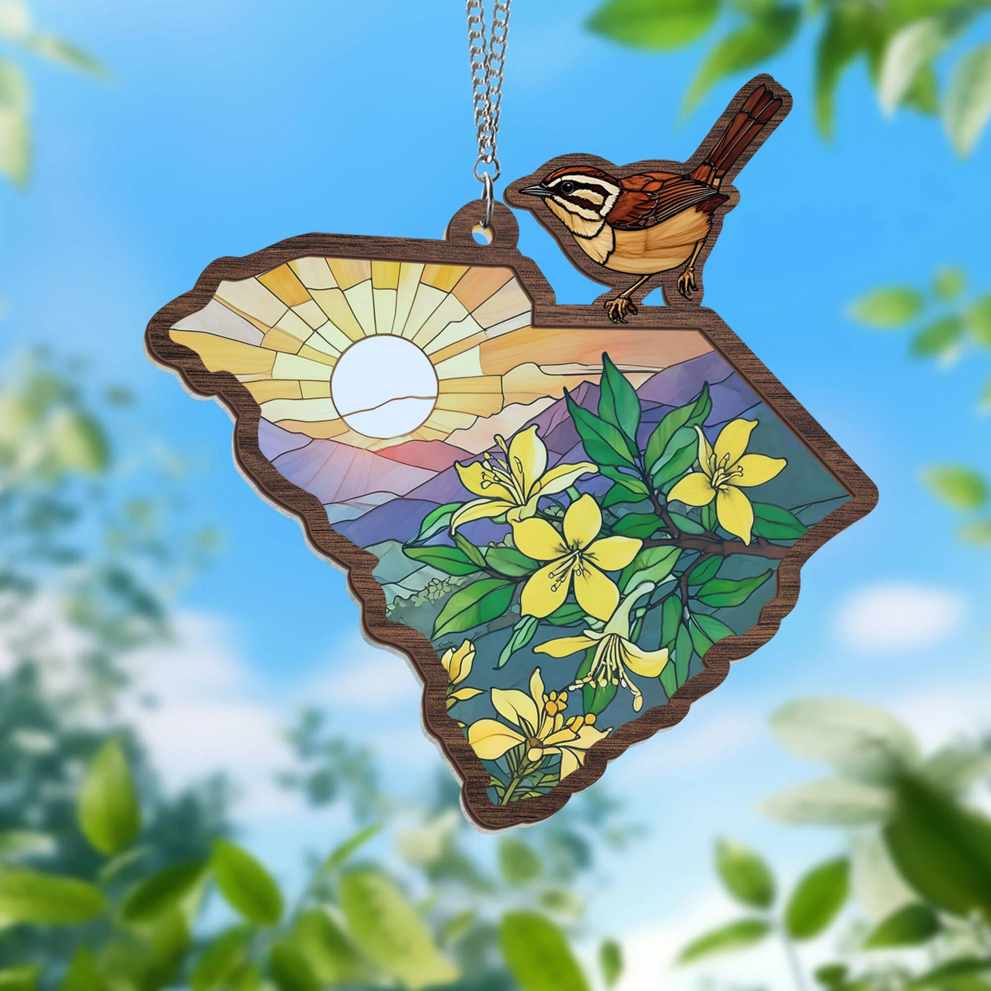South Carolina Yellow Jessamine Flower and Carolina Wren Bird 2 Layered Hanging Suncatcher 3-Day Shipping