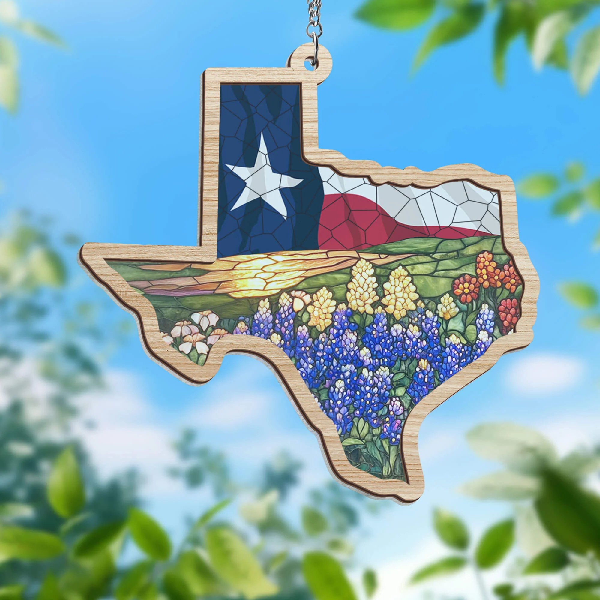 Texas Flag and Bluebonnets Flower 2 Layered Hanging Suncatcher 3-Day Shipping