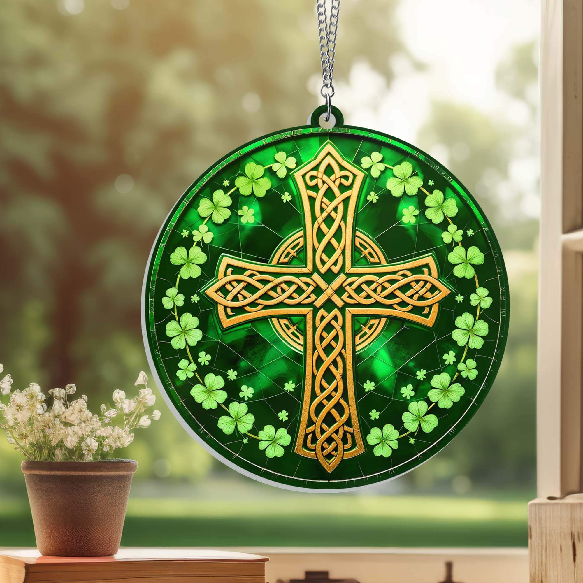 Irish Celtic Cross Shamrock St. Patrick's Day Acrylic Suncatcher Hanging Sign