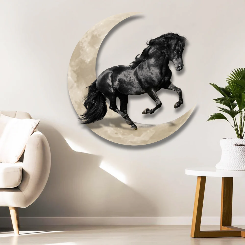 Friesian Horse And Moon Hanging Metal Sign
