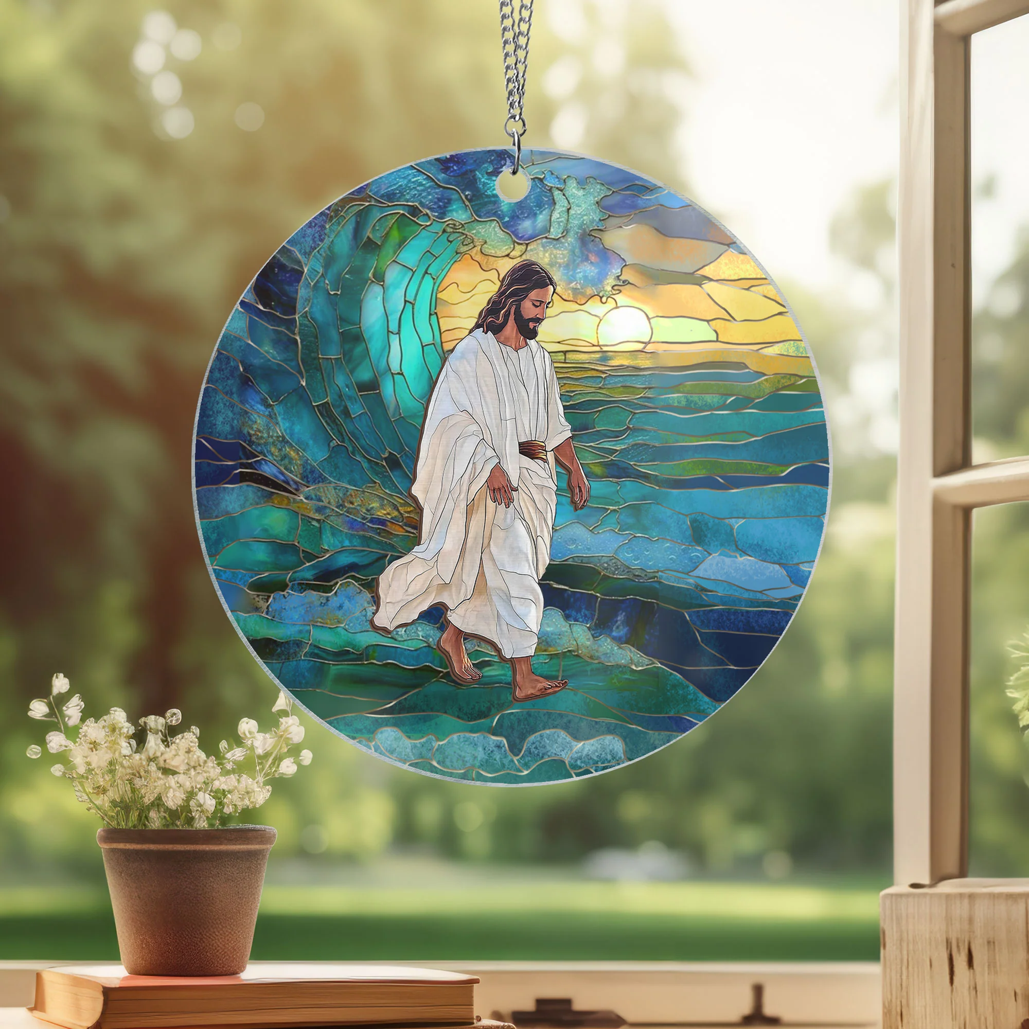 Jesus Walks on Water Suncatcher - 2-Layered Hanging Acrylic Ornament - Inspirational Gift for Faith & Home Decor 3-Day Shipping