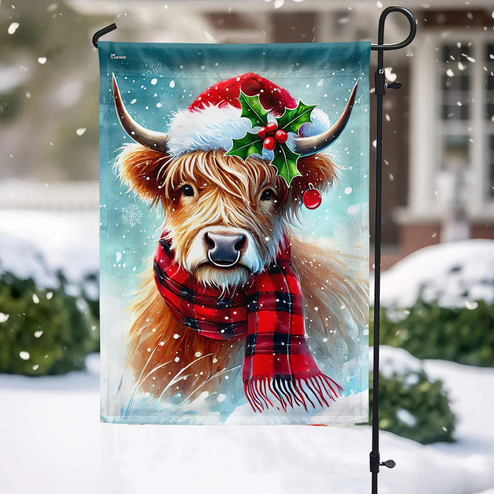 Merry Christmas Highland Cow Farm Flag - Santa Hat Holiday Gift & Home Decor - 3-Day Shipping