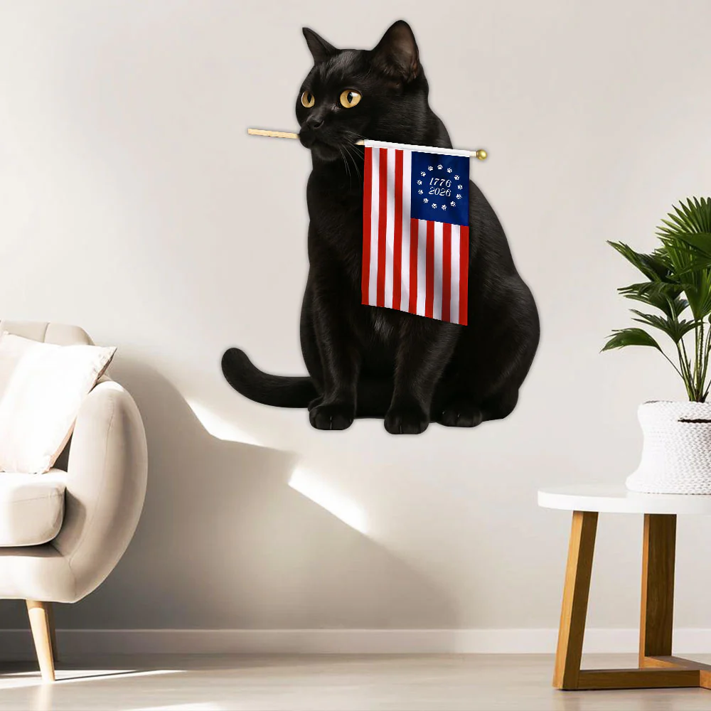 Patriotic Black Cat Bombay American Flag Hanging Metal Sign for Cat Lovers