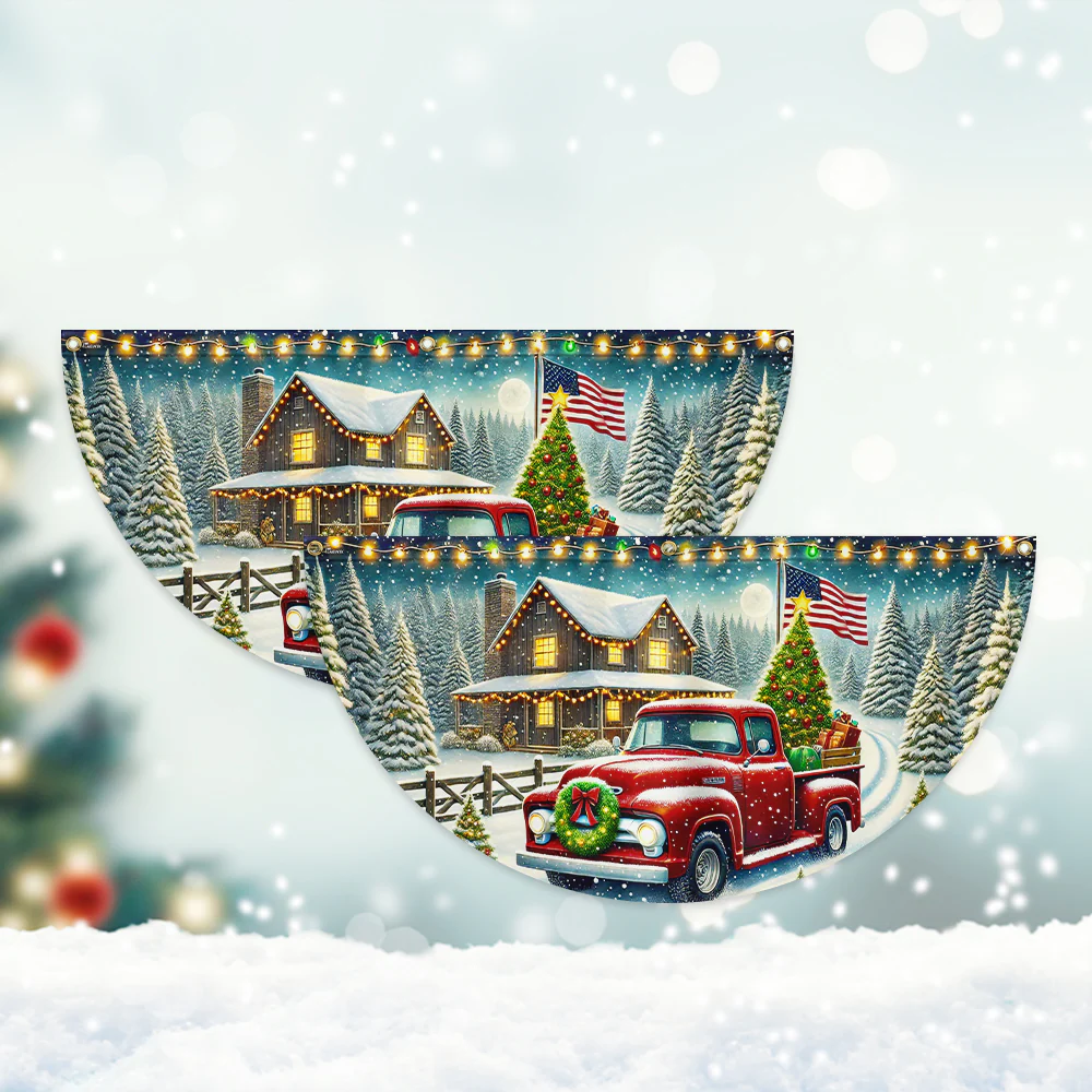 Red Pickup Truck Countryside Christmas Non-Pleated Fan Flag
