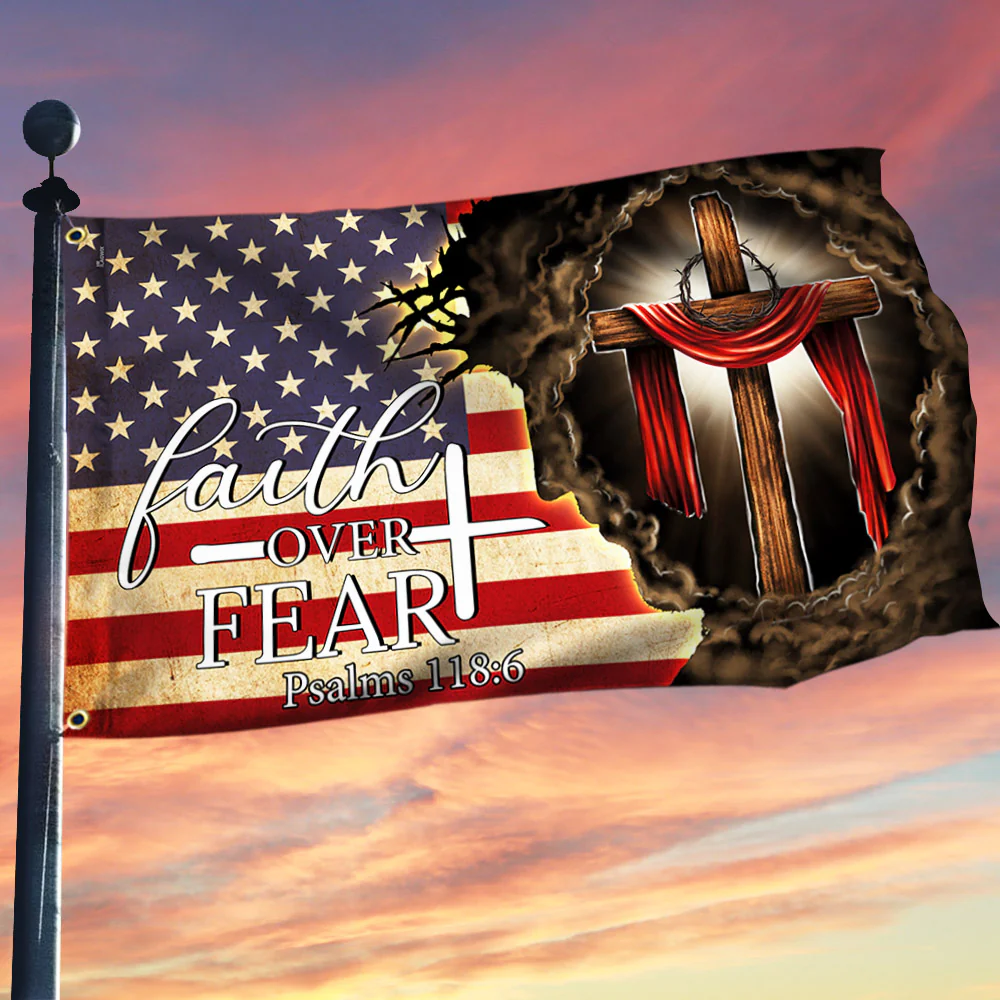 Jesus. Christian Cross. Faith Over Fear American Flag