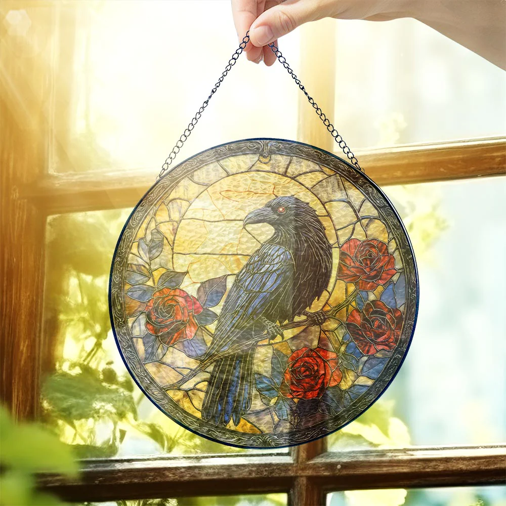 Halloween Stained Glass Suncatcher - Gothic Crow Window Hanging for Spooky Ambiance