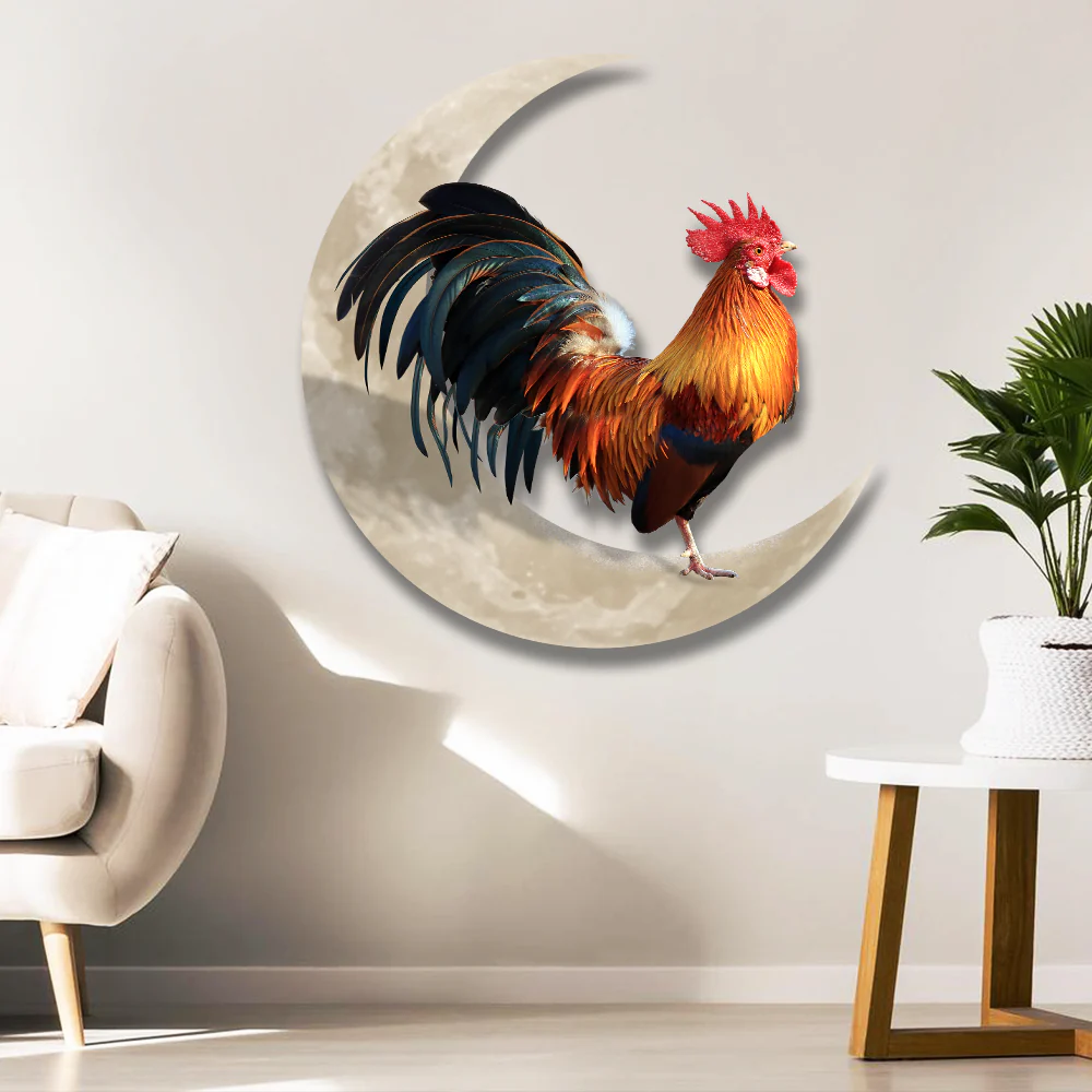 Rooster And Moon Hanging Metal Sign, Farm Flag For Decor