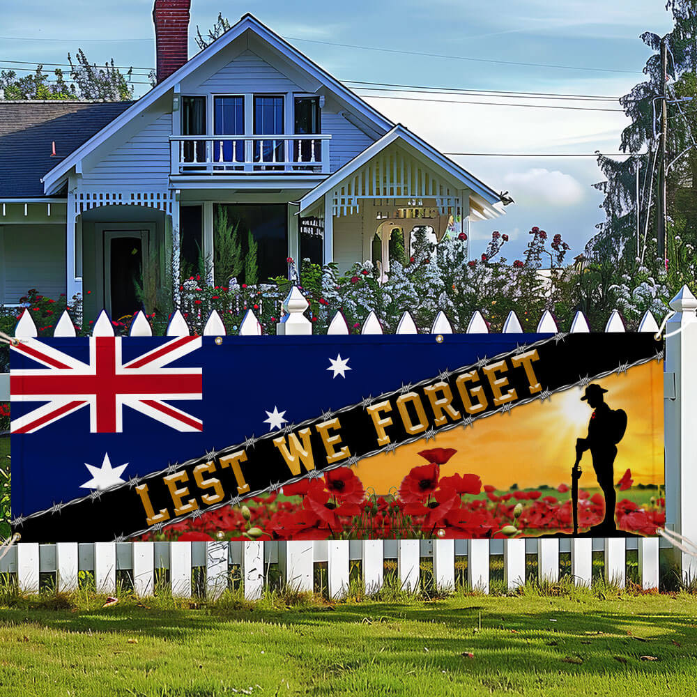 Anzac Day Australia Red Poppy Remembrance Day. Lest We Forget Veteran Fence Banner