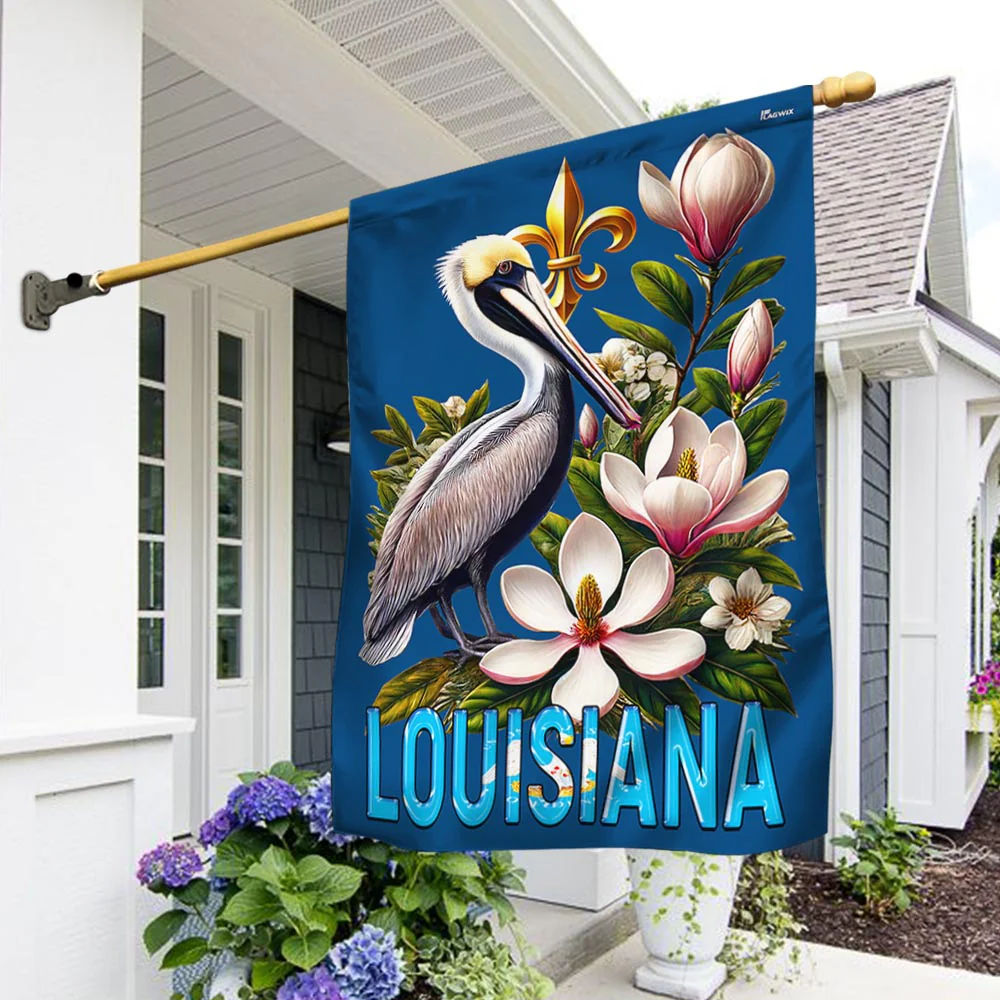 Louisiana Brown Pelican Bird and Magnolia Flower Flag