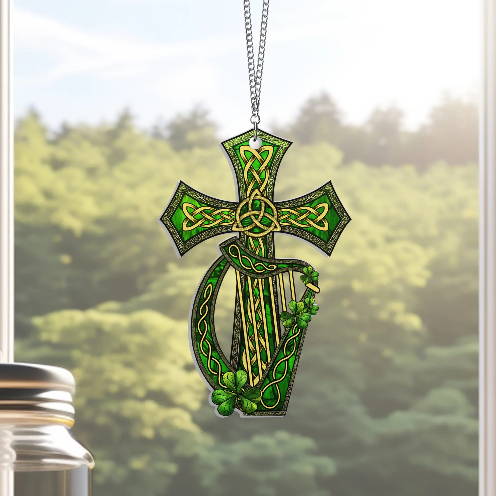 Irish Celtic Cross And Harp Acrylic Suncatcher Hanging Sign