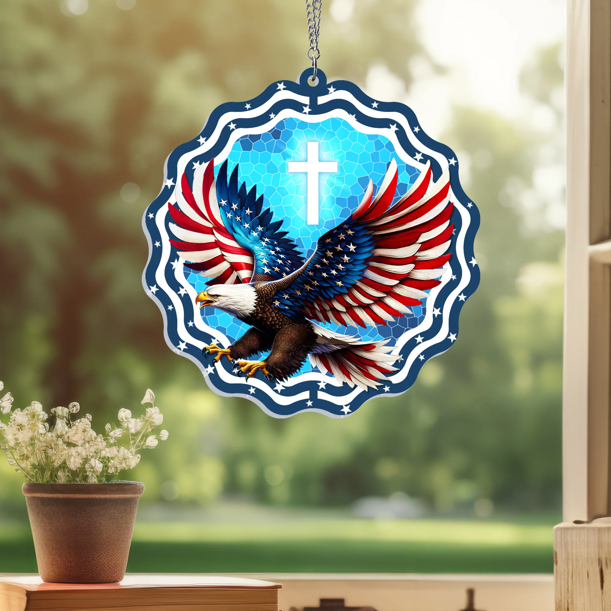 God Bless America Eagle Suncatcher - Patriotic Acrylic Hanging Gift for Home Decor