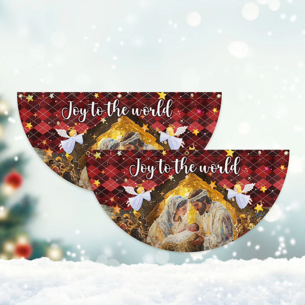 Holy Family Nativity Fan Flag - 'Joy to the World' Non-Pleated Christmas Décor  - 3-Day Shipping