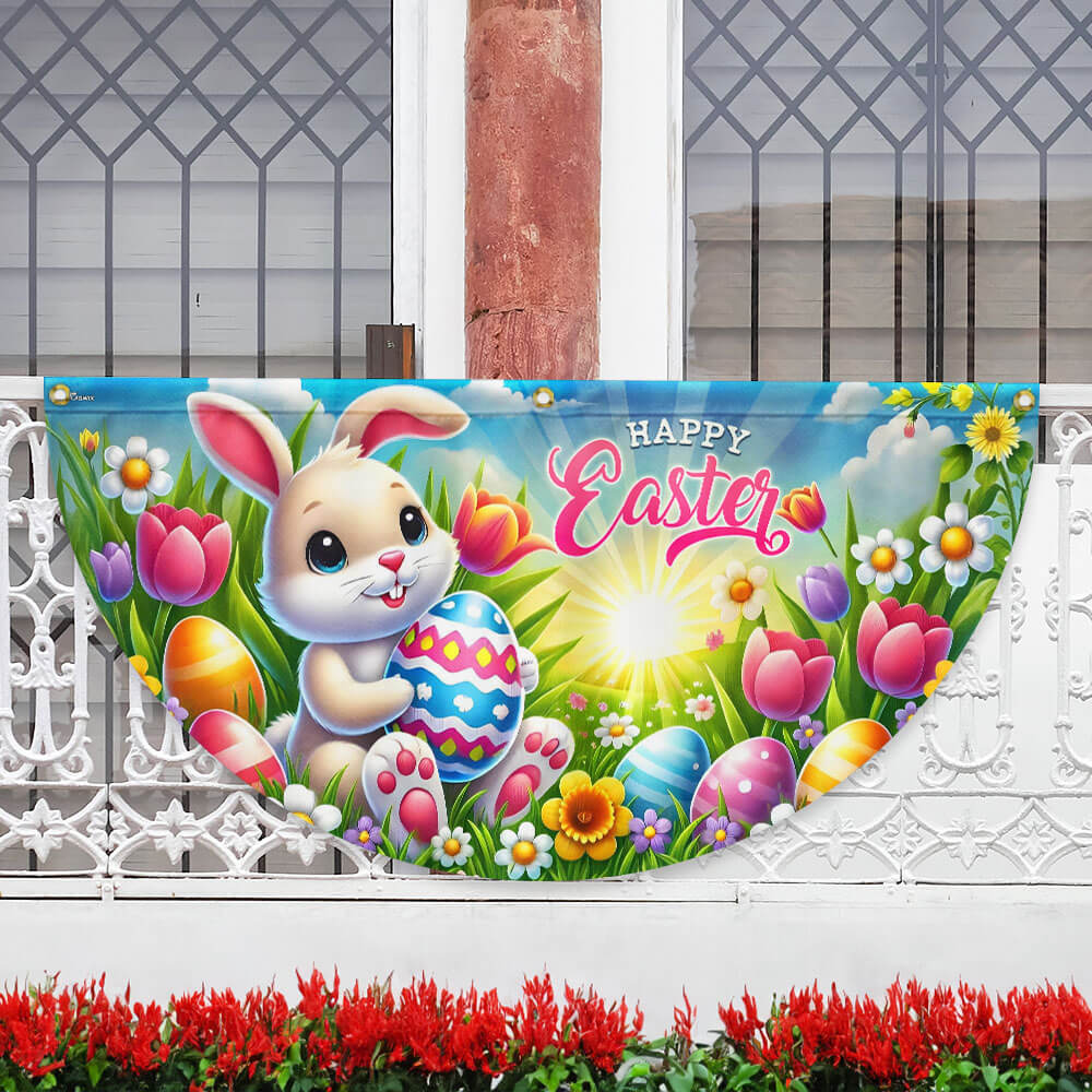 Happy Easter Bunny Rabbit Non-Pleated Fan Flag