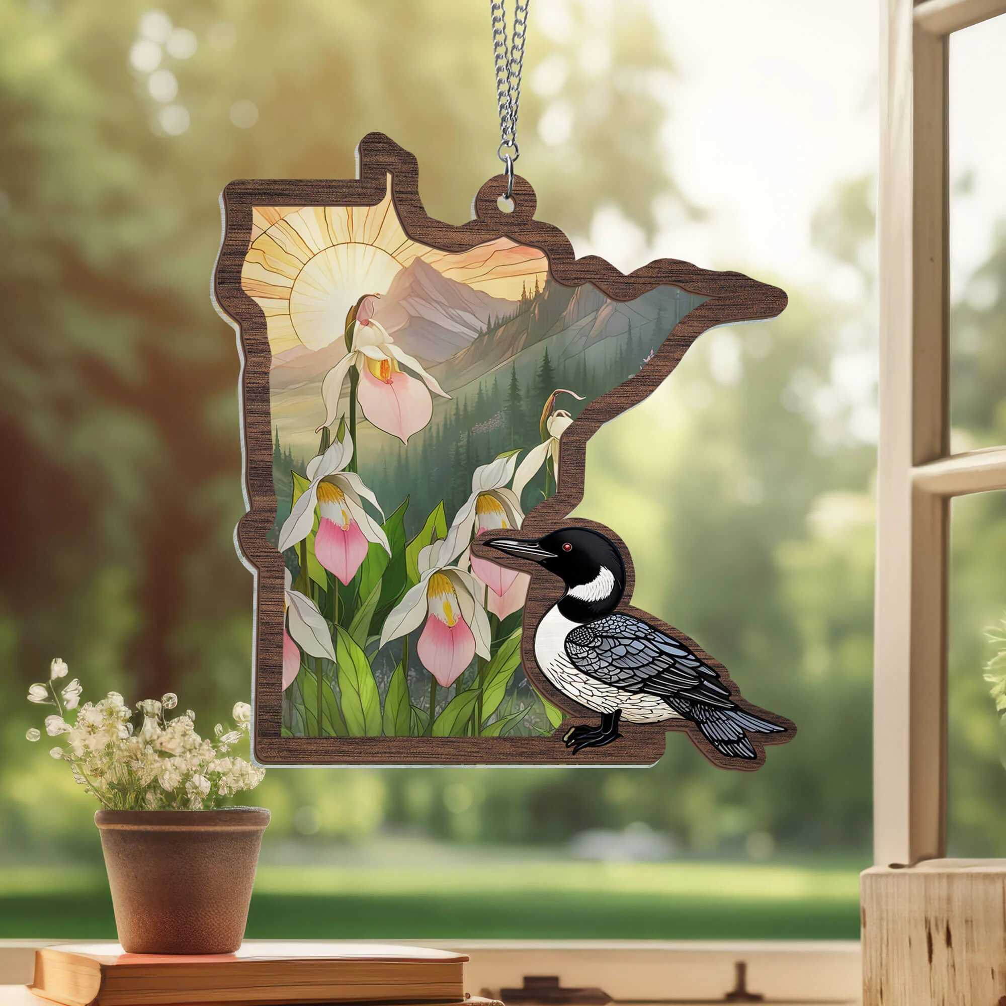 Minnesota State Lady’s Slipper Flower and Loon Minnesota 2 Layered Hanging Suncatcher