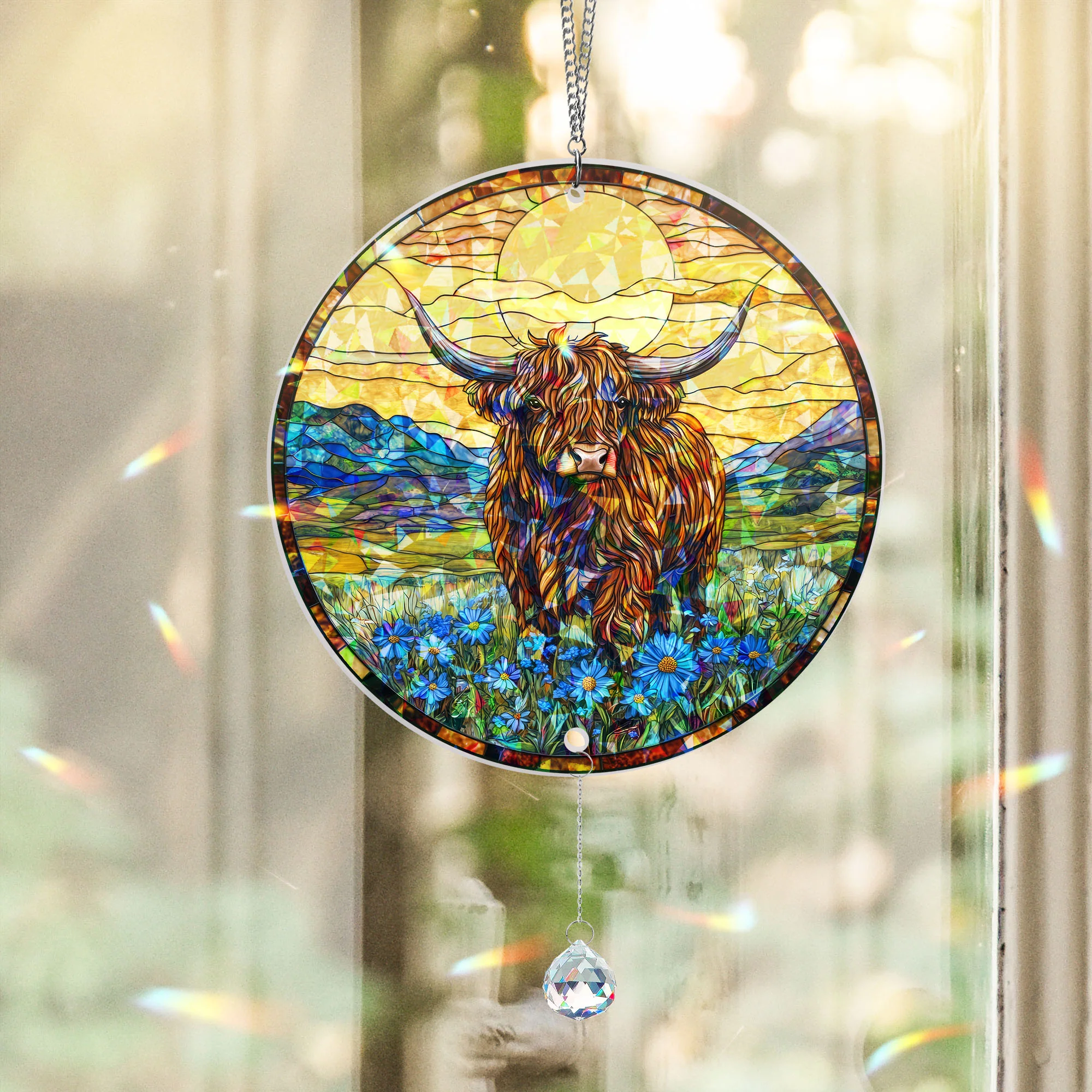 Flowers Highland Cow Hologram Window Hanging, Farm Decor