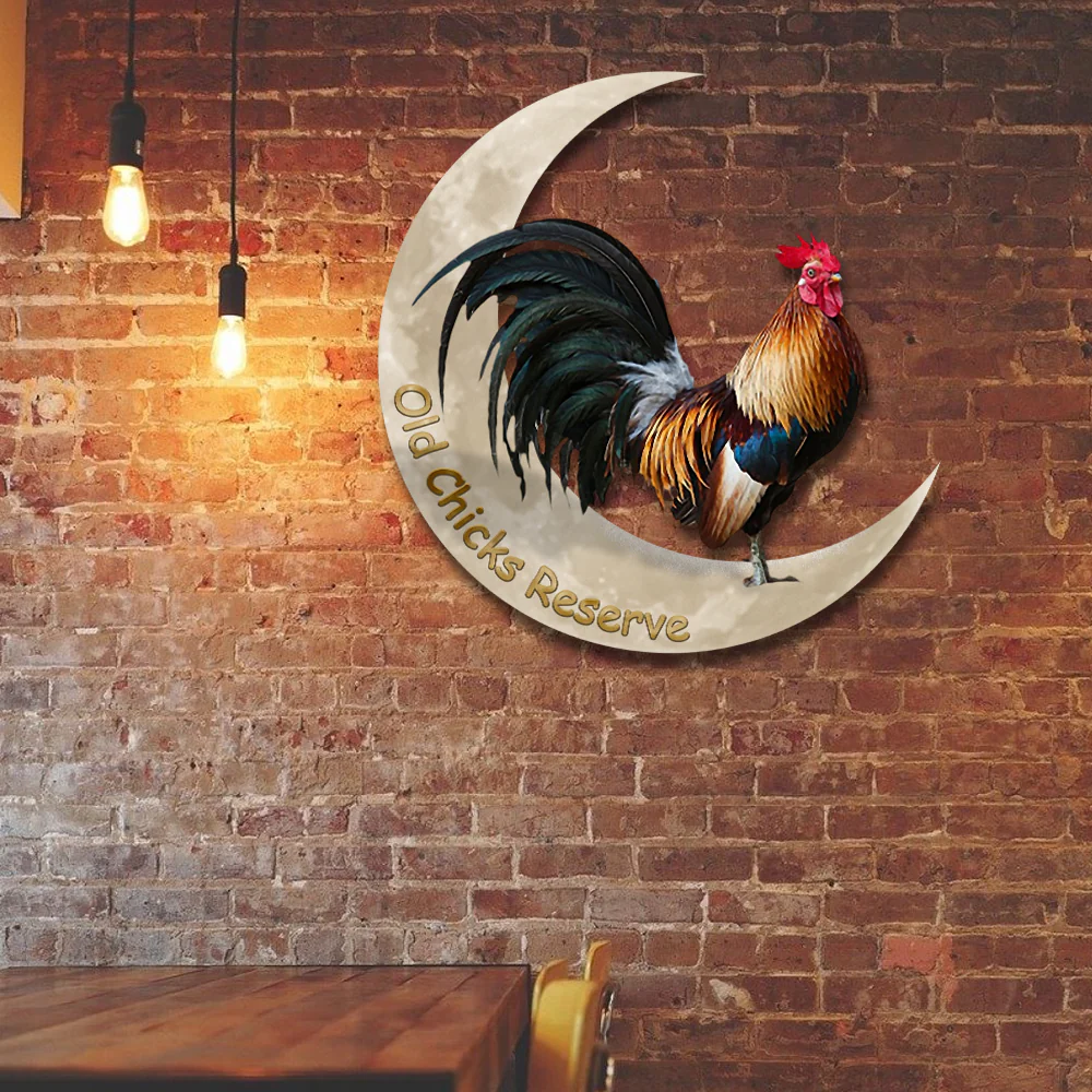 Rooster And Moon Hanging Metal Sign, Farm Flag for Decor