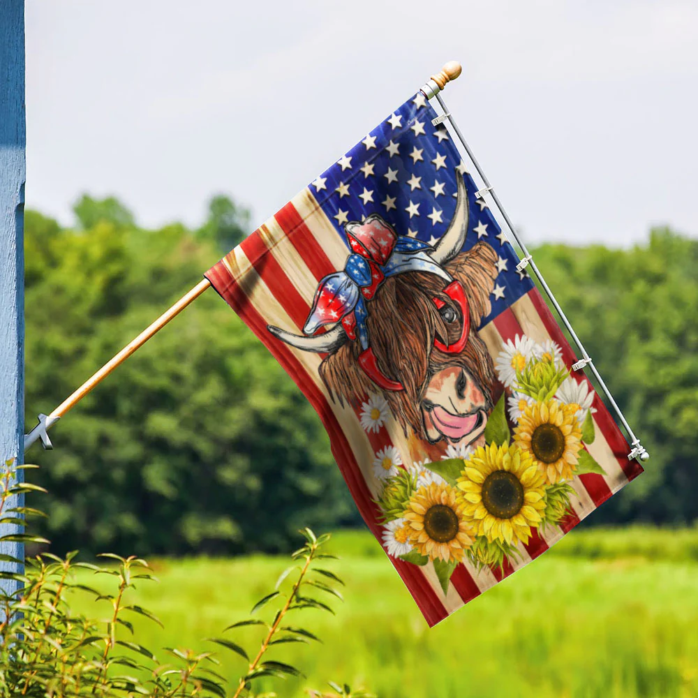 American Flag Cow, Highland Cattle Flag for Patriotic Decor, Farm Flag