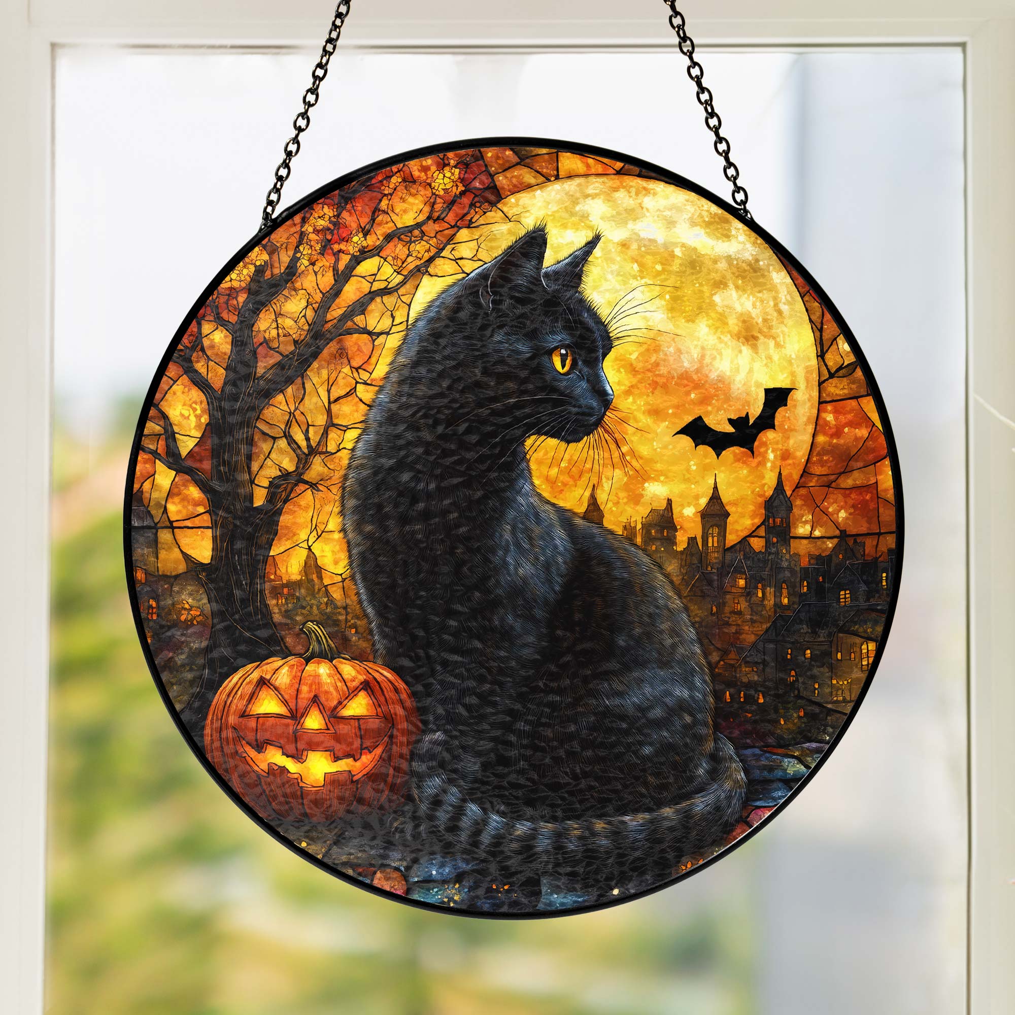 Black Cat Halloween Pumpkins Stained Glass Suncatcher 3-Day Shipping